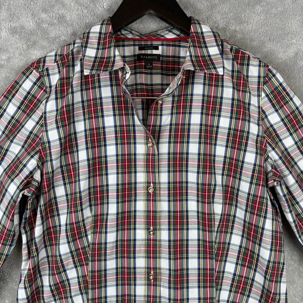 Talbots Plaid Button Up Shirt 6 Tartan Holiday Christmas Red Green Gold Non-Iron